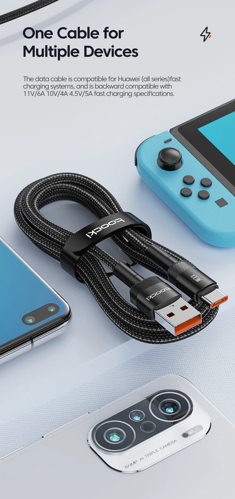 Toocki USB Tipo C Cabo de carregamento rápido USB C Carregador Cabo para iPhone 14 13 12 11 Huawei P40 P30 Realme Oppo Oneplus