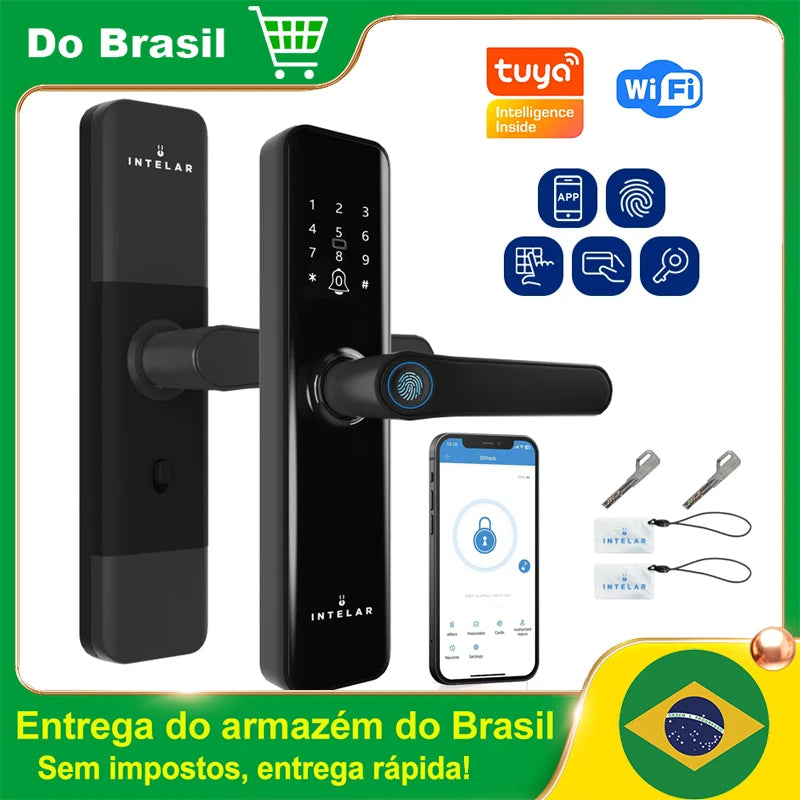 INTELAR Tuya Fechadura eletrônica digital Wifi para portas inteligentes com câmera biométrica Impressão digital Cartão inteligente Senha Chave de desbloqueio