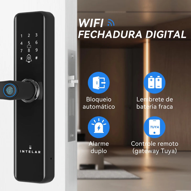 INTELAR Tuya Fechadura eletrônica digital Wifi para portas inteligentes com câmera biométrica Impressão digital Cartão inteligente Senha Chave de desbloqueio