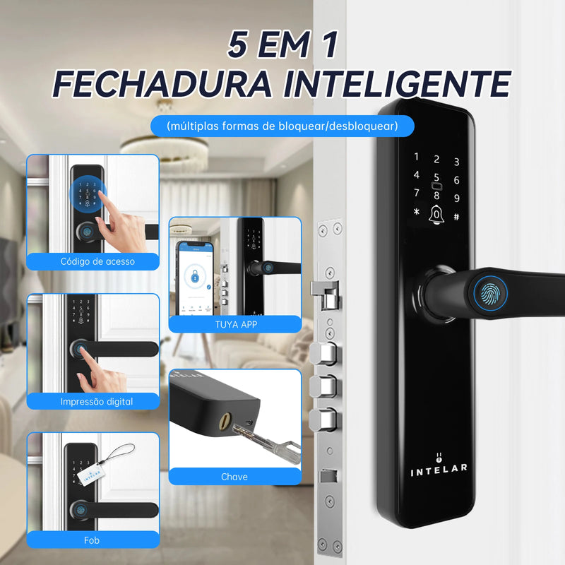 INTELAR Tuya Fechadura eletrônica digital Wifi para portas inteligentes com câmera biométrica Impressão digital Cartão inteligente Senha Chave de desbloqueio