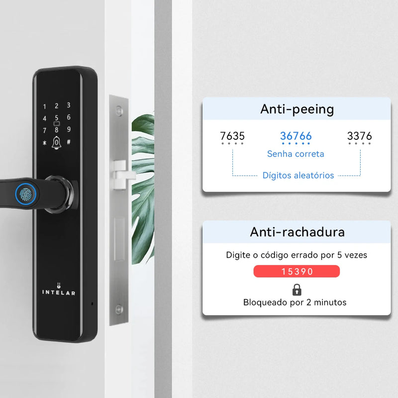 INTELAR Tuya Fechadura eletrônica digital Wifi para portas inteligentes com câmera biométrica Impressão digital Cartão inteligente Senha Chave de desbloqueio