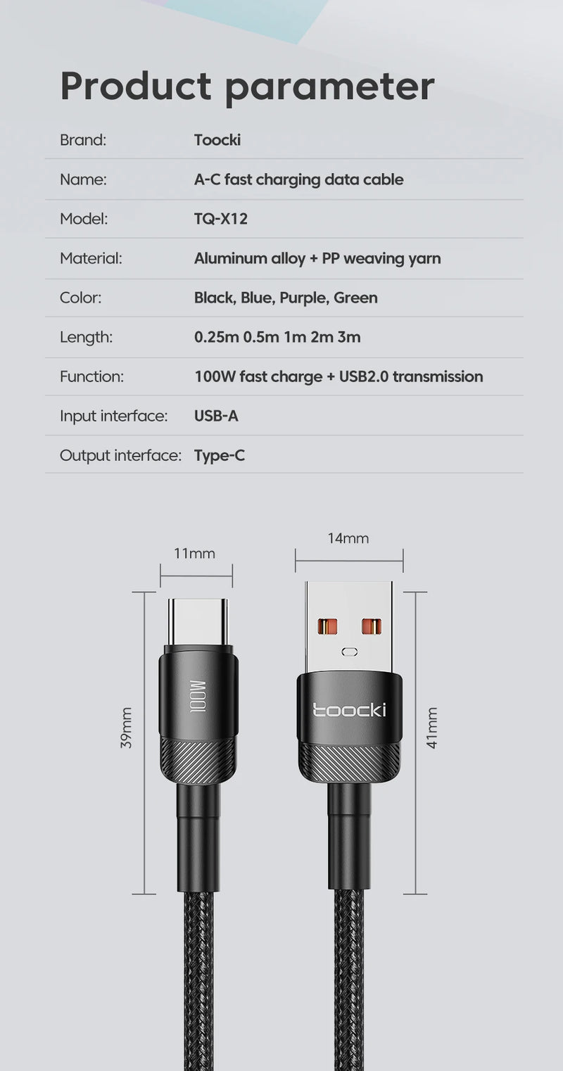 Toocki USB Tipo C Cabo de carregamento rápido USB C Carregador Cabo para iPhone 14 13 12 11 Huawei P40 P30 Realme Oppo Oneplus