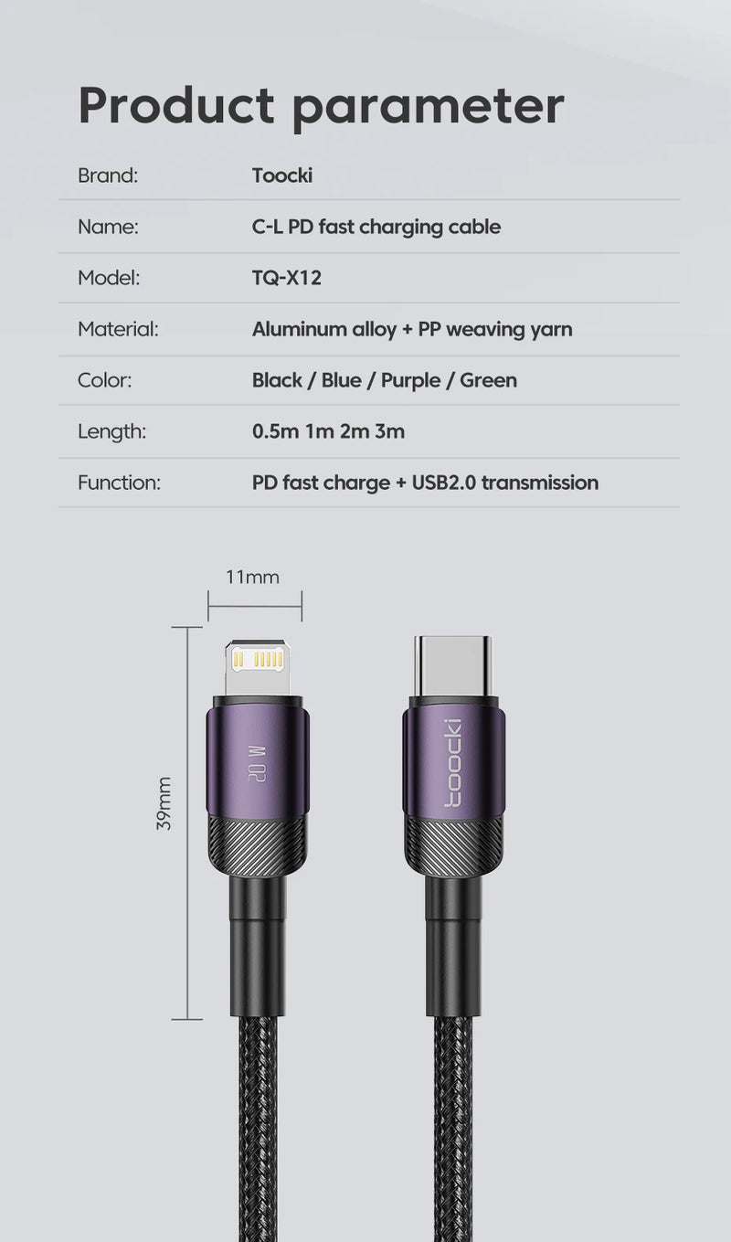 Toocki USB Tipo C Cabo de carregamento rápido USB C Carregador Cabo para iPhone 14 13 12 11 Huawei P40 P30 Realme Oppo Oneplus