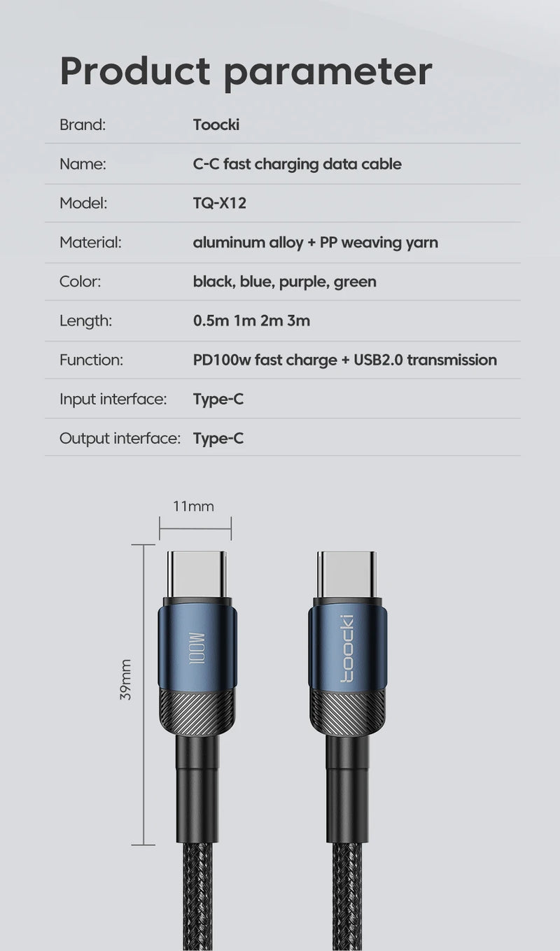 Toocki USB Tipo C Cabo de carregamento rápido USB C Carregador Cabo para iPhone 14 13 12 11 Huawei P40 P30 Realme Oppo Oneplus